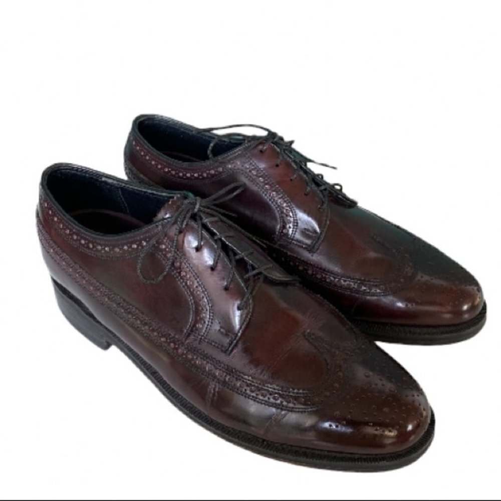 Florsheim Burgundy Leather Long Wing Tip Brogue Derby Dress Shoes Mens 7.5 3E